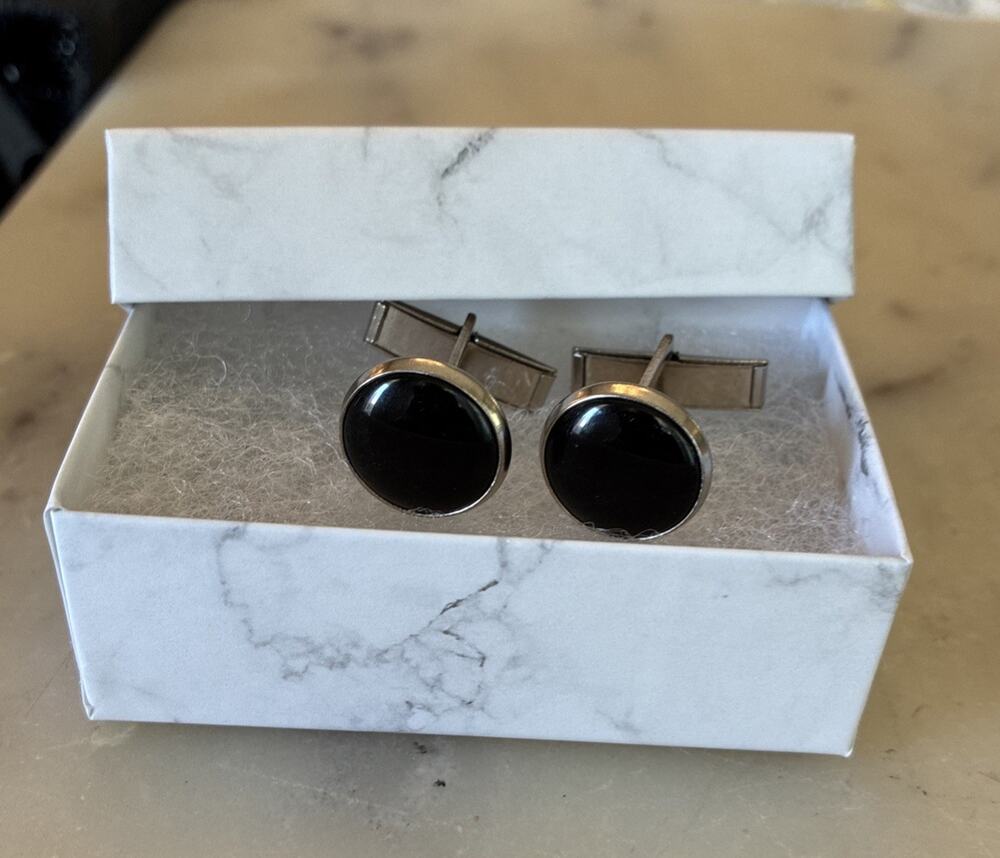 Men's Tuxedo Shirt Cufflinks Silver Tone Black Round Classic 1 Pair L2